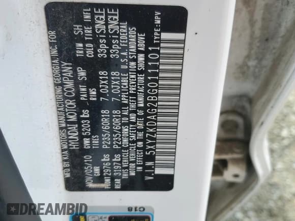 ✅ 2011 Hyundai Santa Fe Limited • VIN: 5XYZKDAG2BG011101 • Lot: 85332034. Listed on Copart with 162,191 mi. Free auction sales archive from the USA and detailed vehicle history report at DreamBid. Image 14.