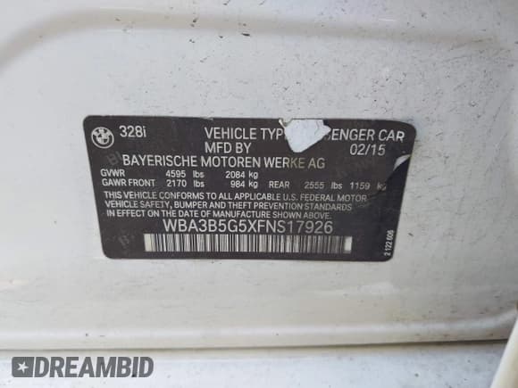 ✅ 2015 BMW 3 Series 328i xDrive • VIN: WBA3B5G5XFNS17926 • Lot: 42441569. Listed on IAAI with 120,748 mi. Free auction sales archive from the USA and detailed vehicle history report at DreamBid. Image 9.