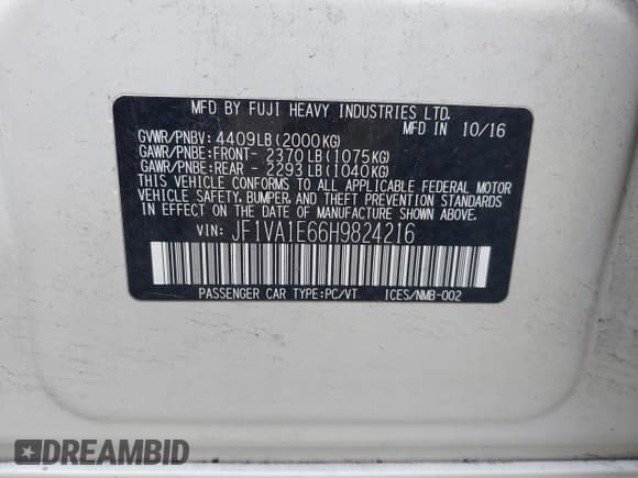 ✅ 2017 Subaru WRX Premium • VIN: JF1VA1E66H9824216 • Лот: 43521316. Опубликован ранее на IAAI с пробегом 72 885 миль. Бесплатный доступ к архиву аукционных продаж из США и подробный отчёт об истории автомобиля на DreamBid. Изображение 9.