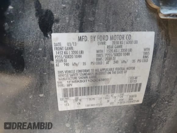 ✅ 2013 Ford Explorer Sport • VIN: 1FM5K8GT1DGC43890 • Lot: 43371855. Listed on IAAI with 144,346 mi. Free auction sales archive from the USA and detailed vehicle history report at DreamBid. Image 9.