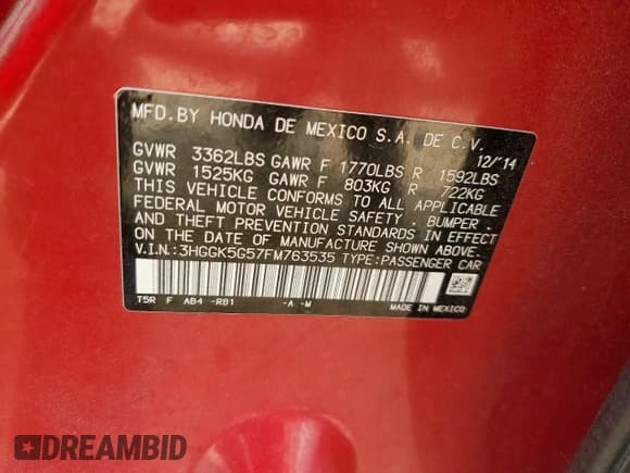 ✅ 2015 Honda Fit LX • VIN: 3HGGK5G57FM763535 • Lot: 91798705. Listed on Copart with Not provided. Free auction sales archive from the USA and detailed vehicle history report at DreamBid. Image 12.