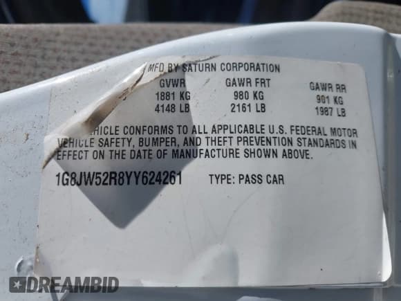 ✅ 2000 Saturn LS • VIN: 1G8JW52R8YY624261 • Lot: 43611950. Listed on IAAI with Not provided. Free auction sales archive from the USA and detailed vehicle history report at DreamBid. Image 9.