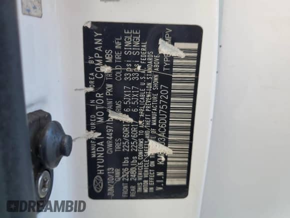 2013 Hyundai Tucson GLS with VIN KM8JU3AC6DU757207, listed as a Copart auction lot 89450945 with 164,630 mi miles and Salvage title. Bid and sale history available at DreamBid. Image 13.