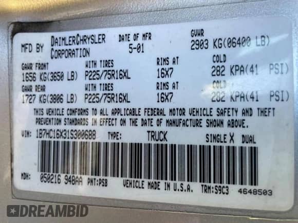 2001 Dodge 1500 Work Special с VIN 1B7HC16X31S300688, выставлен на аукционе Copart как лот 82062444 с пробегом 245 522 миль миль и Чистый • Clean title. История ставок и продаж доступна на DreamBid. Изображение 10.