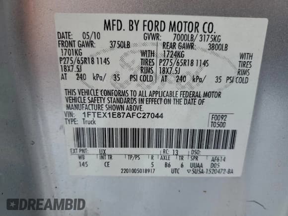 ✅ 2010 Ford F-150 XL • VIN: 1FTEX1E87AFC27044 • Лот: 94575465. Опубликован ранее на Copart с пробегом 84 471 миль. Бесплатный доступ к архиву аукционных продаж из США и подробный отчёт об истории автомобиля на DreamBid. Изображение 12.