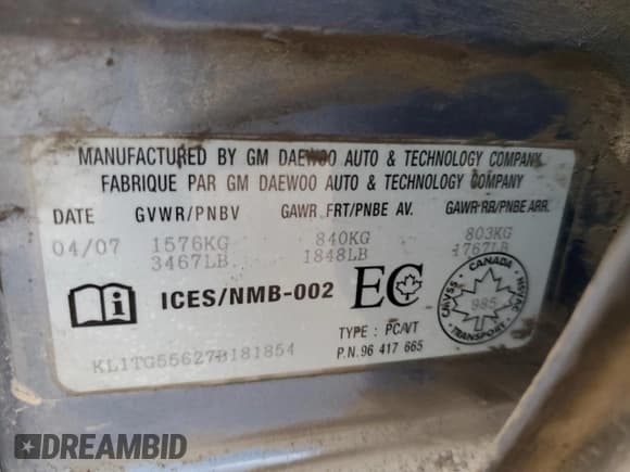 ✅ 2007 Chevrolet Aveo LT • VIN: KL1TG55627B181854 • Lot: 60269775. Wystawiony na Copart z przebiegiem 114 137 mil. Bezpłatny archiwum sprzedaży aukcyjnych z USA i szczegółowy raport historii pojazdu na DreamBid. Zdjęcie 12.