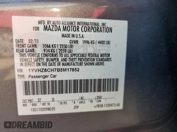 ✅ 2011 Mazda 6 i Grand Touring • VIN: 1YVHZ8CH7B5M17852 • Lot: 60505855. Listed on Copart with 226,933 mi. Free auction sales archive from the USA and detailed vehicle history report at DreamBid. Image 12.