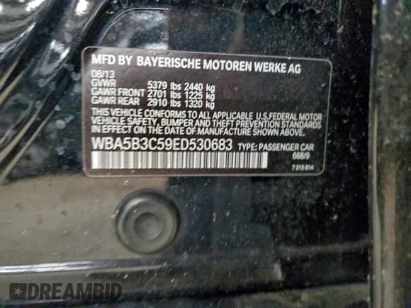 ✅ 2014 BMW 5 Series 535i xDrive • VIN: WBA5B3C59ED530683 • Lot: 96508705. Listed on Copart with 97,754 mi. Free auction sales archive from the USA and detailed vehicle history report at DreamBid. Image 12.