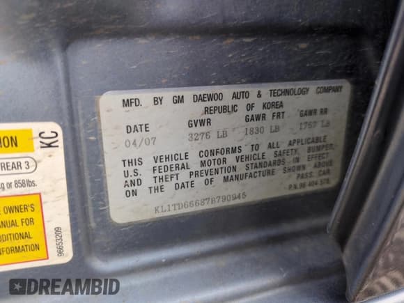 ✅ 2007 Chevrolet Aveo LS • VIN: KL1TD66687B790945 • Lot: 48777295. Wystawiony na Copart z przebiegiem 158 906 mil. Bezpłatny archiwum sprzedaży aukcyjnych z USA i szczegółowy raport historii pojazdu na DreamBid. Zdjęcie 12.