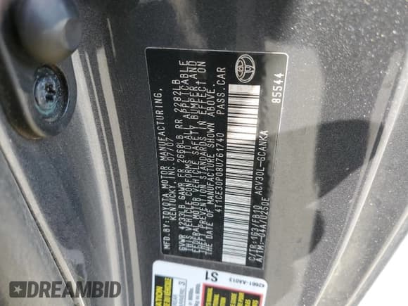 ✅ 2008 Toyota Solara SE • VIN: 4T1CE30P08U761740 • Lot: 69500545. Listed on Copart with 148,963 mi. Free auction sales archive from the USA and detailed vehicle history report at DreamBid. Image 12.