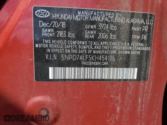 ✅ 2019 Hyundai Elantra SE • VIN: 5NPD74LF5KH454125 • Lot: 72025255. Listed on Copart with 88,906 mi. Free auction sales archive from the USA and detailed vehicle history report at DreamBid. Image 12.