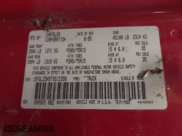 1996 Dodge Dakota with VIN 1B7GL23X5TS515398, listed as a IAAI auction lot 41837429 with 118,838 mi miles and . Bid and sale history available at DreamBid. Image 9.