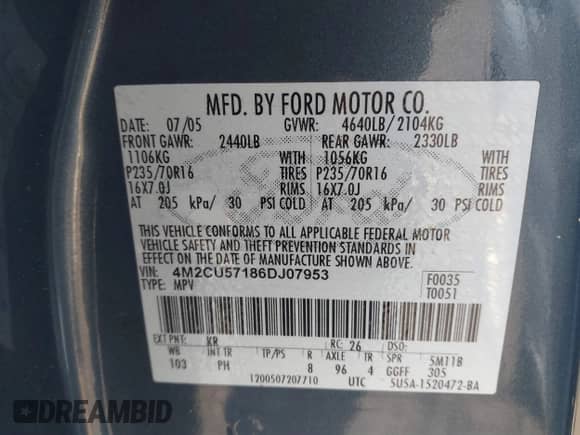 2006 Mercury Mariner Luxury с VIN 4M2CU57186DJ07953, выставлен на аукционе IAAI как лот 41756840 с пробегом 163 988 миль миль и . История ставок и продаж доступна на DreamBid. Изображение 9.