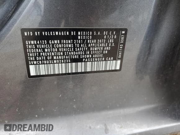 ✅ 2020 Volkswagen Jetta S • VIN: 3VWCB7BU3LM026235 • Lot: 85105835. Wystawiony na Copart z przebiegiem 82 311 mil. Bezpłatny archiwum sprzedaży aukcyjnych z USA i szczegółowy raport historii pojazdu na DreamBid. Zdjęcie 12.