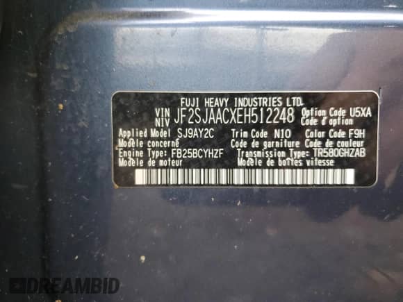 2014 Subaru Forester 2.5i с VIN JF2SJAACXEH512248, выставлен на аукционе Copart как лот 87185965 с пробегом 90 682 миль миль и Списание • Salvage title. История ставок и продаж доступна на DreamBid. Изображение 12.