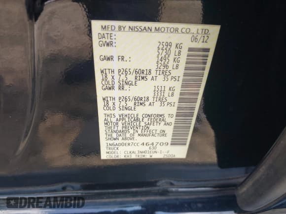 ✅ 2012 Nissan Frontier SV • VIN: 1N6AD0ER7CC464709 • Lot: 42877891. Listed on IAAI with 251,961 mi. Free auction sales archive from the USA and detailed vehicle history report at DreamBid. Image 9.