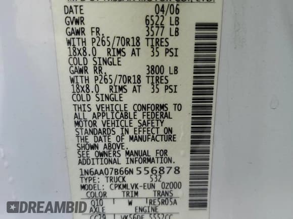 ✅ 2006 Nissan Titan LE • VIN: 1N6AA07B66N556878 • Lot: 47880935. Listed on Copart with 221,371 mi. Free auction sales archive from the USA and detailed vehicle history report at DreamBid. Image 12.