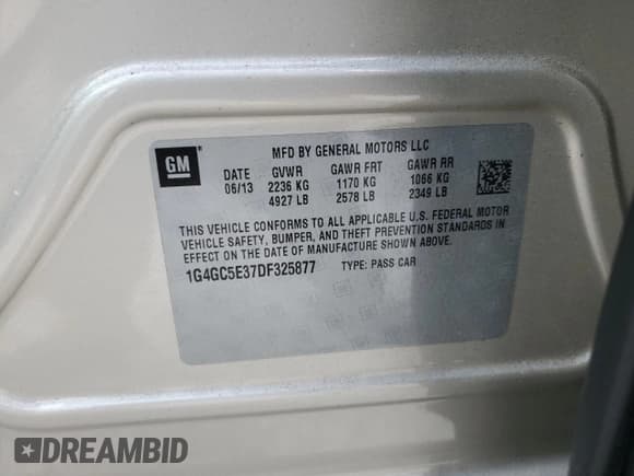 ✅ 2013 Buick LaCrosse Leather • VIN: 1G4GC5E37DF325877 • Lot: 56243755. Listed on Copart with 110,983 mi. Free auction sales archive from the USA and detailed vehicle history report at DreamBid. Image 13.