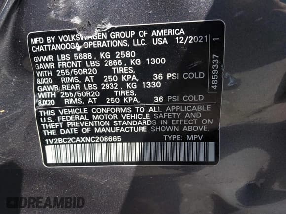 ✅ 2022 Volkswagen Atlas SEL • VIN: 1V2BC2CAXNC208665 • Lot: 43449536. Listed on IAAI with 12,693 mi. Free auction sales archive from the USA and detailed vehicle history report at DreamBid. Image 9.