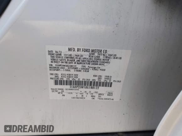 ✅ 2011 Ford Taurus Limited • VIN: 1FAHP2JW1BG188122 • Lot: 43882670. Listed on IAAI with 115,727 mi. Free auction sales archive from the USA and detailed vehicle history report at DreamBid. Image 9.