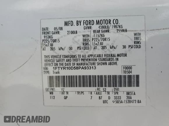 ✅ 2008 Ford Ranger XL • VIN: 1FTYR10D58PA93313 • Lot: 53392785. Listed on Copart with 146,584 mi. Free auction sales archive from the USA and detailed vehicle history report at DreamBid. Image 13.