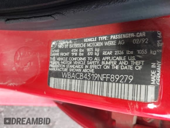 ✅ 1992 BMW 3 Series • VIN: WBACB4319NFF89279 • Лот: 43693937. Опубликован ранее на IAAI с пробегом 147 954 миль. Бесплатный доступ к архиву аукционных продаж из США и подробный отчёт об истории автомобиля на DreamBid. Изображение 9.