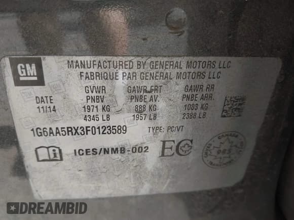 ✅ 2015 Cadillac ATS Standard RWD • VIN: 1G6AA5RX3F0123589 • Lot: 43269162. Listed on IAAI with 105,104 mi. Free auction sales archive from the USA and detailed vehicle history report at DreamBid. Image 9.