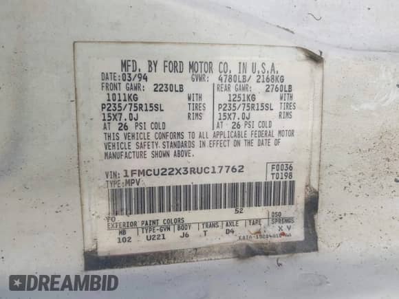 1994 Ford Explorer Eddie Bauer z VIN 1FMCU22X3RUC17762, wystawiony jako IAAI lot #42236548 z przebiegiem 99 597 mil mil oraz . Historia ofert i sprzedaży dostępna na DreamBid. Obrazek 9.
