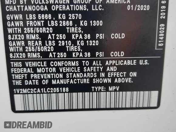 ✅ 2020 Volkswagen Atlas SEL • VIN: 1V2MC2CA1LC205188 • Лот: 68955225. Опубликован ранее на Copart с пробегом 72 728 миль. Бесплатный доступ к архиву аукционных продаж из США и подробный отчёт об истории автомобиля на DreamBid. Изображение 13.