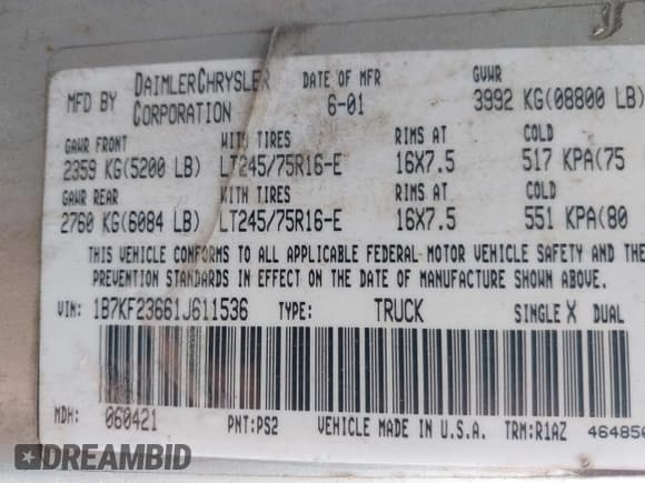 ✅ 2001 Dodge 2500 • VIN: 1B7KF23661J611536 • Lot: 42511635. Listed on IAAI with 304,447 mi. Free auction sales archive from the USA and detailed vehicle history report at DreamBid. Image 9.