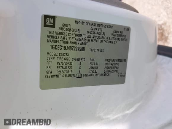 ✅ 2008 Chevrolet Silverado 1500 1LT • VIN: 1GCEC19J48Z227908 • Lot: 43246065. Listed on IAAI with 208,058 mi. Free auction sales archive from the USA and detailed vehicle history report at DreamBid. Image 9.