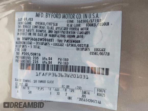 ✅ 2003 Ford Focus SE Fleet • VIN: 1FAFP36363W201031 • Lot: 43136822. Listed on IAAI with 111,044 mi. Free auction sales archive from the USA and detailed vehicle history report at DreamBid. Image 9.