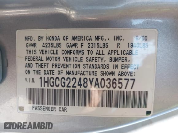 ✅ 2000 Honda Accord LX • VIN: 1HGCG2248YA036577 • Lot: 43163727. Wystawiony na IAAI z przebiegiem Nie podano. Bezpłatny archiwum sprzedaży aukcyjnych z USA i szczegółowy raport historii pojazdu na DreamBid. Zdjęcie 9.