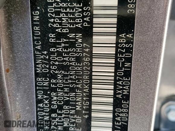 ✅ 2024 Toyota Camry SE • VIN: 4T1G11AK0RU236747 • Lot: 84963255. Listed on Copart with 87,127 mi. Free auction sales archive from the USA and detailed vehicle history report at DreamBid. Image 13.