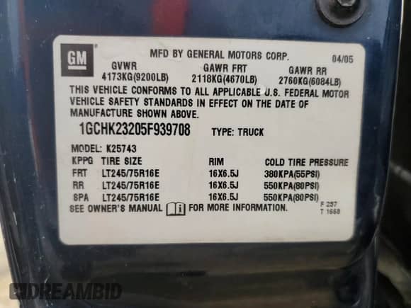 2005 Chevrolet Silverado 2500HD LT with VIN 1GCHK23205F939708, listed as a Copart auction lot 65146335 with Not provided miles and Non repairable. Bid and sale history available at DreamBid. Image 12.