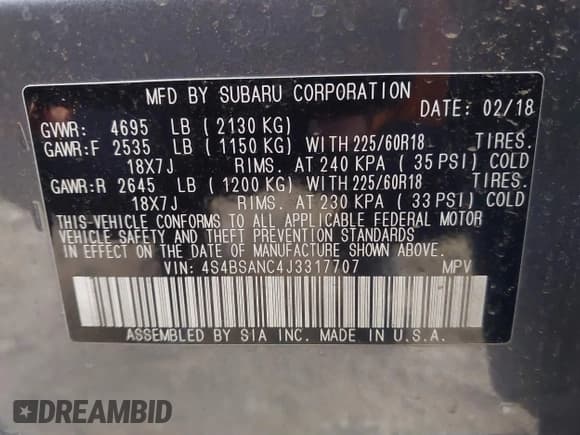 ✅ 2018 Subaru Outback Limited • VIN: 4S4BSANC4J3317707 • Lot: 43804403. Listed on IAAI with 135,612 mi. Free auction sales archive from the USA and detailed vehicle history report at DreamBid. Image 9.