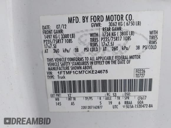 ✅ 2012 Ford F-150 XL • VIN: 1FTMF1CM7CKE24675 • Лот: 41884476. Опубликован ранее на IAAI с пробегом 127 455 миль. Бесплатный доступ к архиву аукционных продаж из США и подробный отчёт об истории автомобиля на DreamBid. Изображение 9.