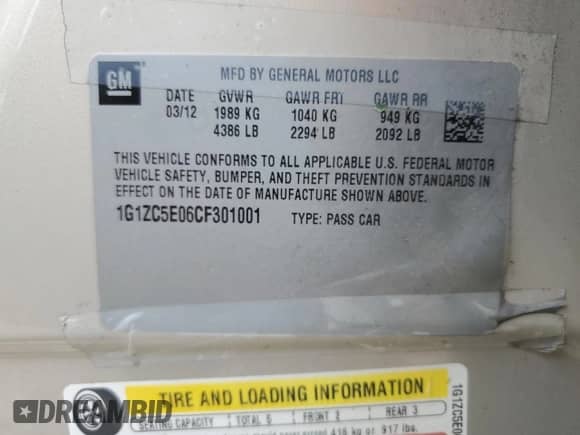 2012 Chevrolet Malibu 1LT with VIN 1G1ZC5E06CF301001, listed as a Copart auction lot 66958155 with 145,595 mi miles and Salvage title. Bid and sale history available at DreamBid. Image 12.
