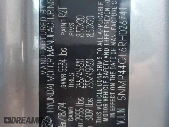 2024 Hyundai Santa Fe Limited с VIN 5NMP44GL6RH026741, выставлен на аукционе Copart как лот 44470155 с пробегом 13 814 миль миль и Списание • Salvage title. История ставок и продаж доступна на DreamBid. Изображение 13.