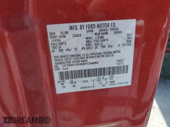 ✅ 2008 Ford F-150 XL • VIN: 1FTRW12W68FC04260 • Lot: 69469635. Wystawiony na Copart z przebiegiem 3 135 075 mil. Bezpłatny archiwum sprzedaży aukcyjnych z USA i szczegółowy raport historii pojazdu na DreamBid. Zdjęcie 13.