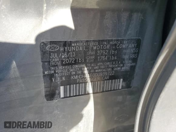 ✅ 2013 Hyundai Elantra GLS • VIN: KMHDH4AE0DU939722 • Lot: 86897855. Listed on Copart with 109,206 mi. Free auction sales archive from the USA and detailed vehicle history report at DreamBid. Image 12.