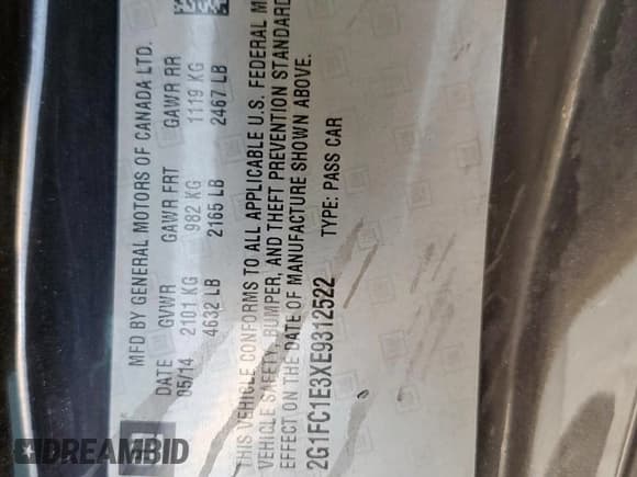 ✅ 2014 Chevrolet Camaro LT • VIN: 2G1FC1E3XE9312522 • Lot: 84483245. Listed on Copart with 150,461 mi. Free auction sales archive from the USA and detailed vehicle history report at DreamBid. Image 13.