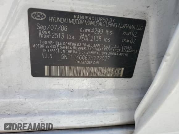 2007 Hyundai Sonata GLS with VIN 5NPET46C67H222027, listed as a Copart auction lot 71124854 with 226,323 mi miles and Salvage title. Bid and sale history available at DreamBid. Image 14.