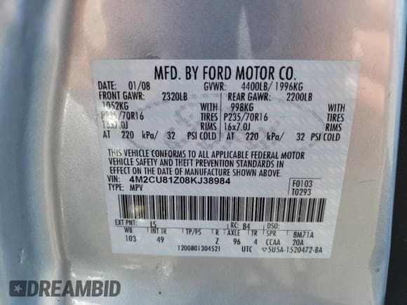 ✅ 2008 Mercury Mariner • VIN: 4M2CU81Z08KJ38984 • Лот: 64676545. Опубликован ранее на Copart с пробегом 151 799 миль. Бесплатный доступ к архиву аукционных продаж из США и подробный отчёт об истории автомобиля на DreamBid. Изображение 12.