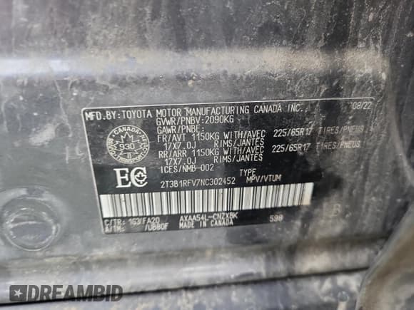 ✅ 2022 Toyota RAV4 LE • VIN: 2T3B1RFV7NC302452 • Lot: 81632795. Wystawiony na Copart z przebiegiem Nie podano. Bezpłatny archiwum sprzedaży aukcyjnych z USA i szczegółowy raport historii pojazdu na DreamBid. Zdjęcie 13.