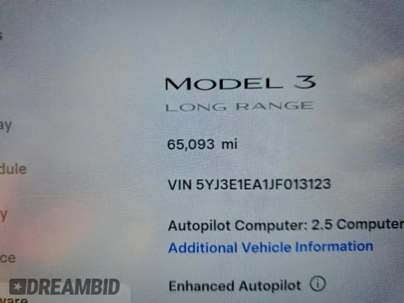 ✅ 2018 Tesla Model 3 Long Range Battery • VIN: 5YJ3E1EA1JF013123 • Lot: 95905935. Wystawiony na Copart z przebiegiem 65 093 mil. Bezpłatny archiwum sprzedaży aukcyjnych z USA i szczegółowy raport historii pojazdu na DreamBid. Zdjęcie 9.