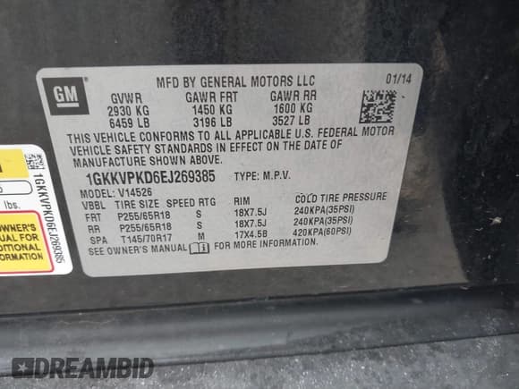 ✅ 2014 GMC Acadia SLE • VIN: 1GKKVPKD6EJ269385 • Lot: 42494790. Listed on IAAI with 104,302 mi. Free auction sales archive from the USA and detailed vehicle history report at DreamBid. Image 9.