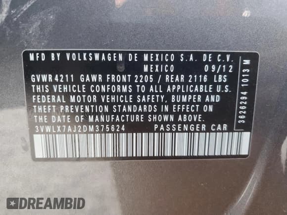 ✅ 2013 Volkswagen Jetta SEL • VIN: 3VWLX7AJ2DM375624 • Lot: 89925465. Listed on Copart with 108,310 mi. Free auction sales archive from the USA and detailed vehicle history report at DreamBid. Image 12.