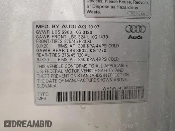 ✅ 2008 Audi Q7 Premium • VIN: WA1BV74L08D029665 • Lot: 47389885. Listed on Copart with 143,240 mi. Free auction sales archive from the USA and detailed vehicle history report at DreamBid. Image 14.