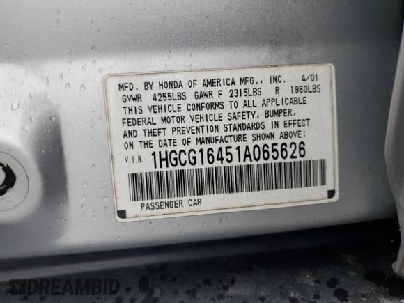 ✅ 2001 Honda Accord LX • VIN: 1HGCG16451A065626 • Lot: 59731685. Wystawiony na Copart z przebiegiem 200 880 mil. Bezpłatny archiwum sprzedaży aukcyjnych z USA i szczegółowy raport historii pojazdu na DreamBid. Zdjęcie 12.